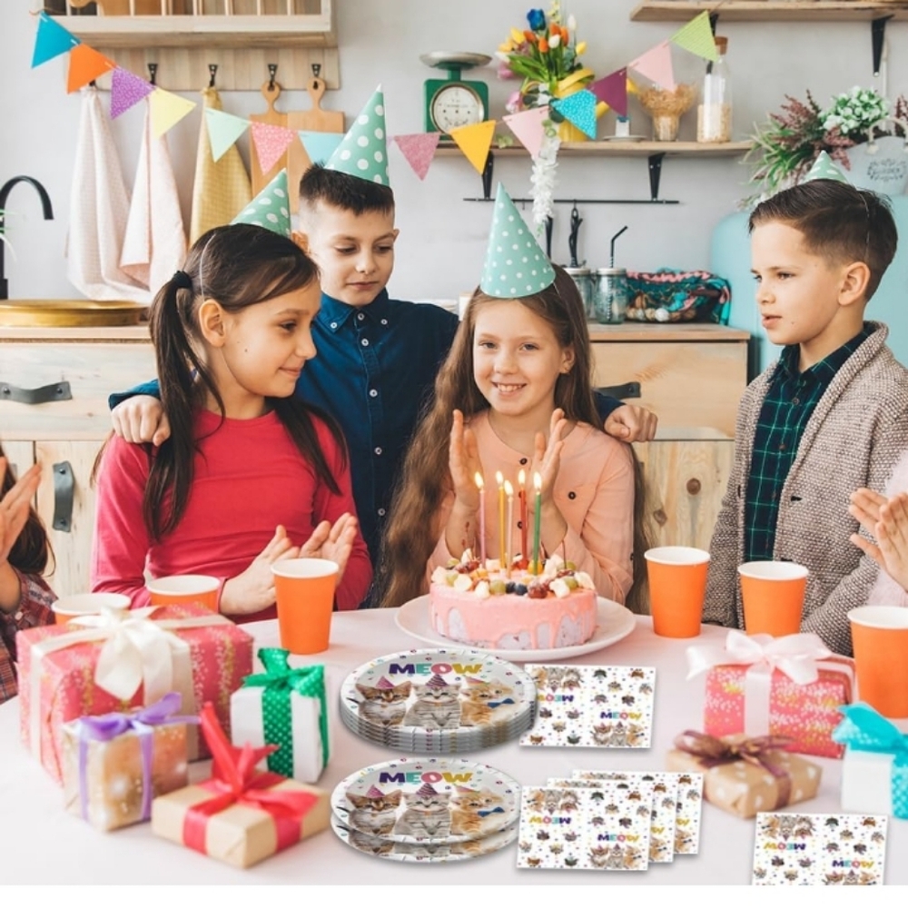 Cat themed party supplies, 20 dinner, 20 dessert plates and 20 napkins